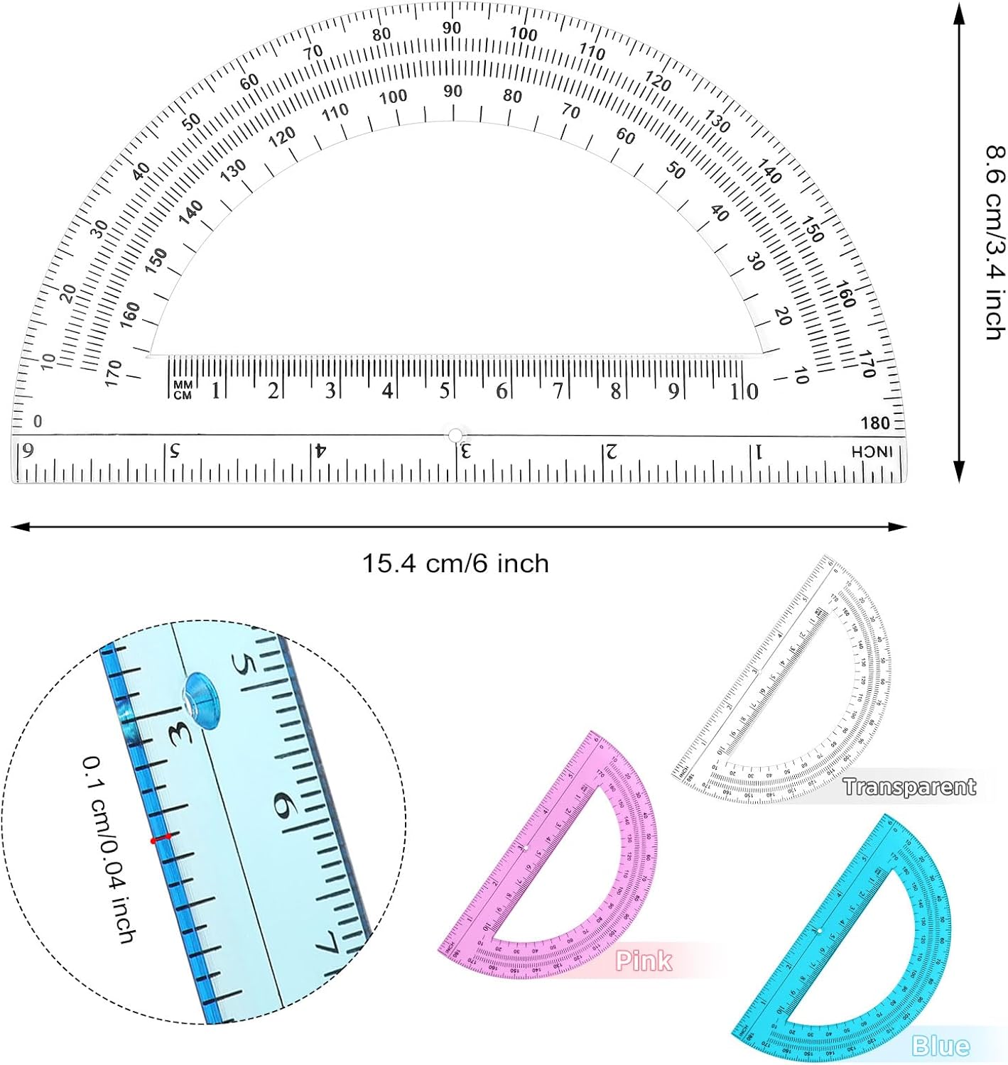 Zonon 36 Pack 6 Inch Plastic Protractor Back to School Protractors 180 Degrees Pink Blue Clear Protractors for Classroom Math Teacher Student Office Supplies