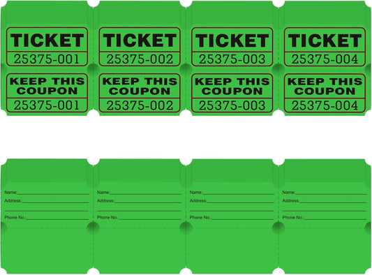 DGBDPACK 100 Raffle Tickets, 50/50 Double Ticket, Bold Numbers for Easy Reading, Ticket for Events, Entry, Class Reward & Prizes -Green