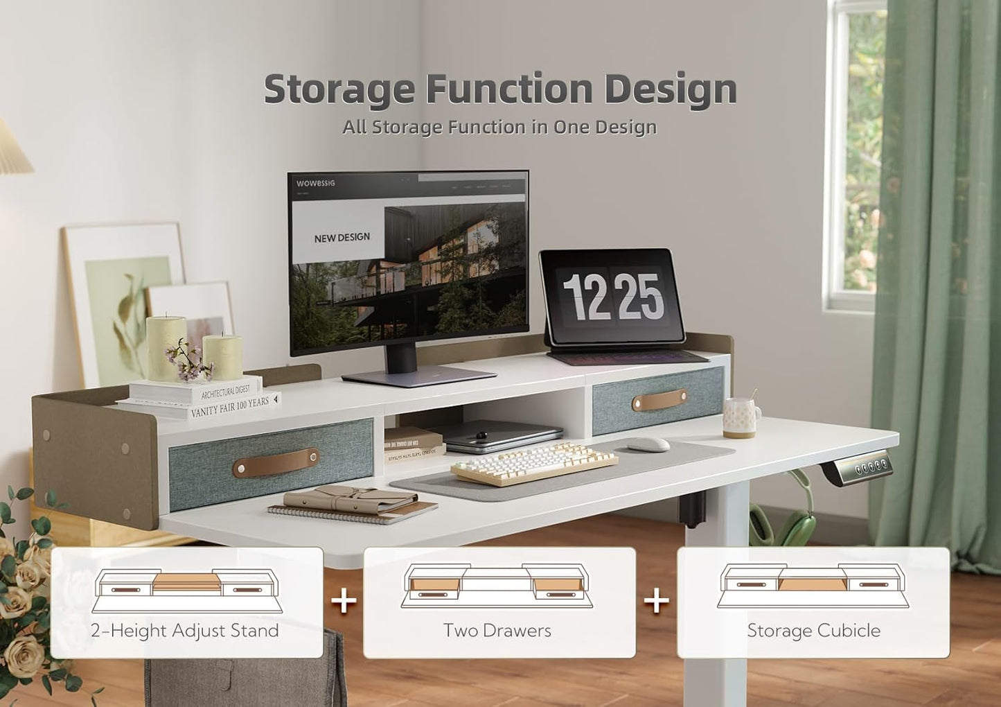 YDN Standing Desk with Drawers, 55 Inch Standing Desk Adjustable Height, Adjustable Electric Stand Up Sit Stand Small Desks with Storage and Shelf, White