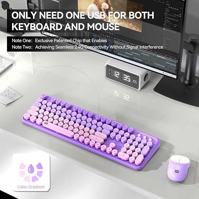 Wireless Keyboard and Mouse Combo, 2.4 GHz Wireless Full-Sized Typewriter Keyboard with Round Keycaps for Windows, Computer, Desktop, PC, Laptop (Purple)