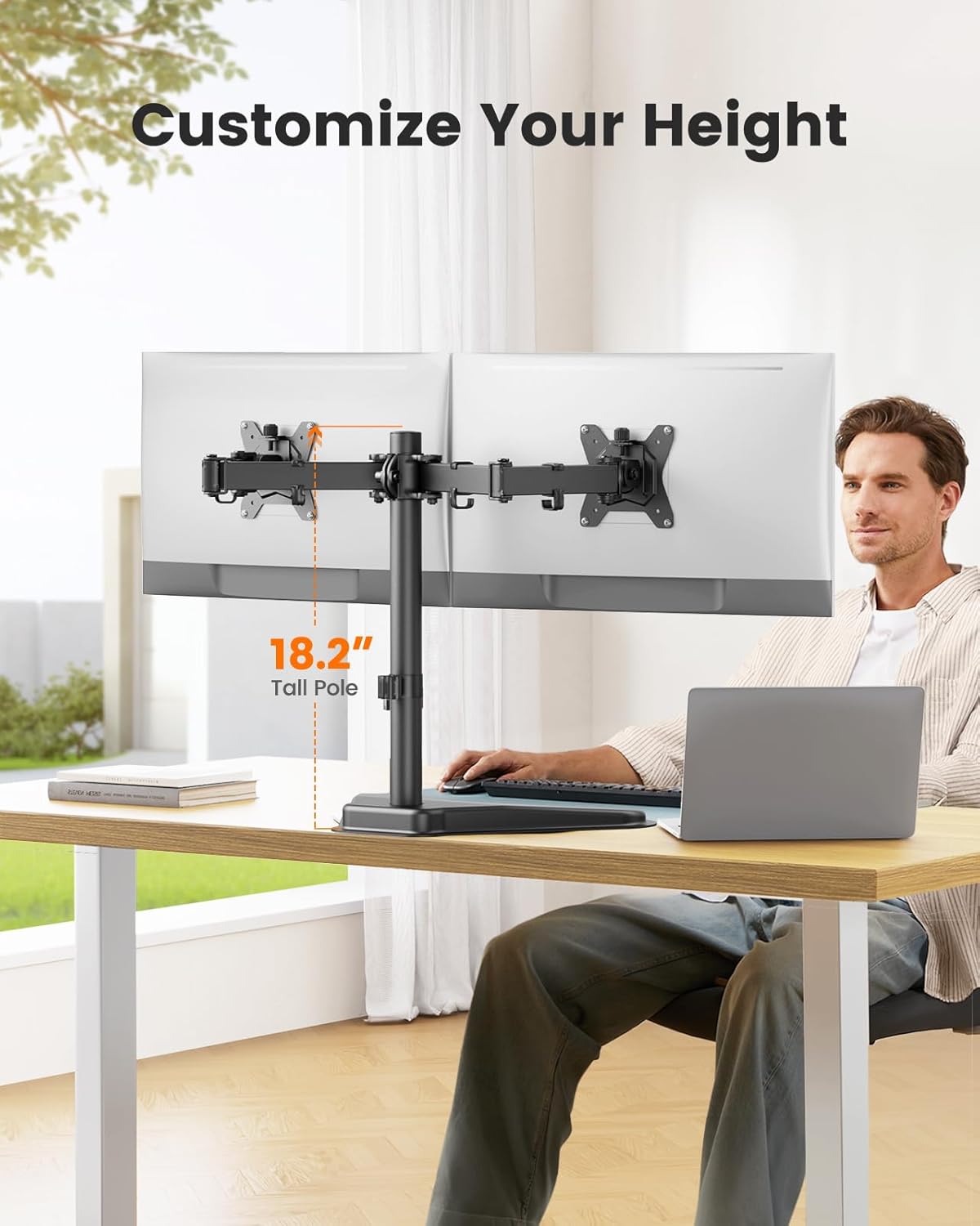 ErGear Freestanding Dual Monitor Stand for 2 Screens up to 32 inch, Heavy Duty Monitor Mount Holds Max 22 lbs per Arm, Height Adjustable Computer Monitor Stand for Desk, VESA 75x75/ 100x100mm, Black