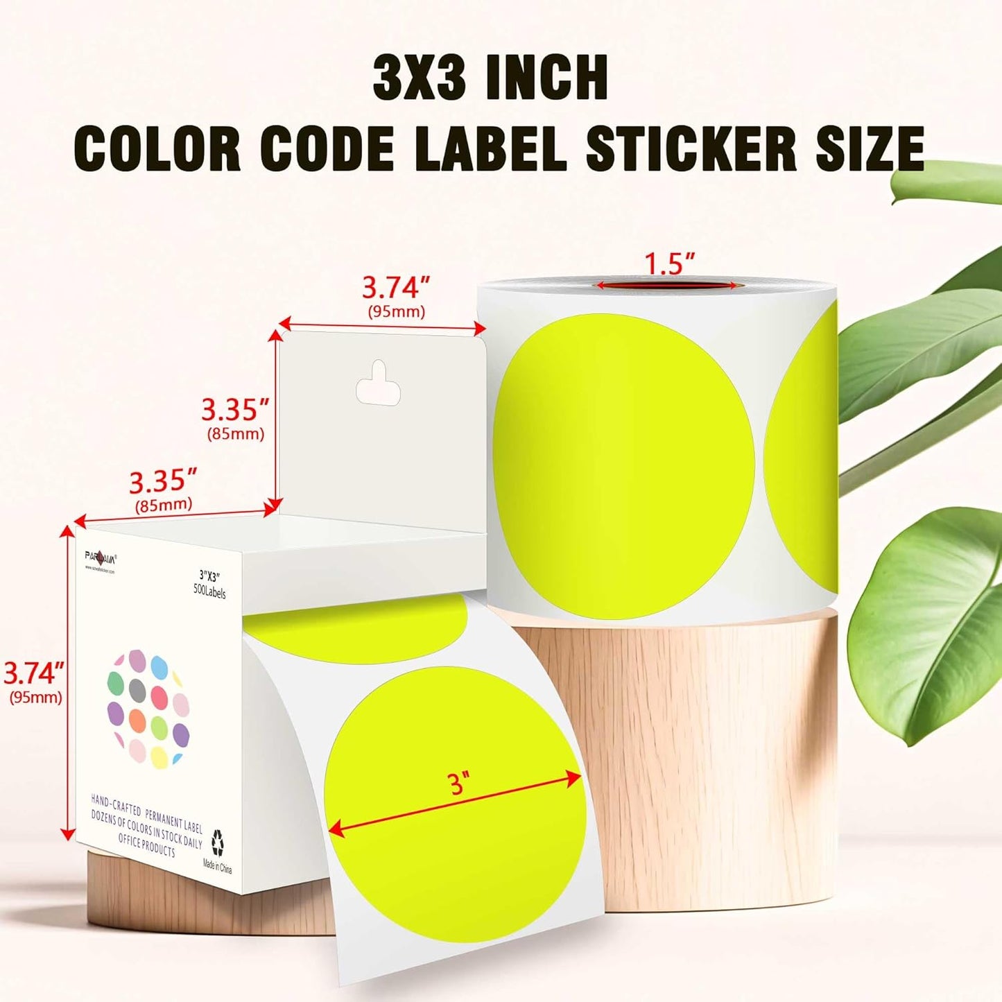 PARLAIM 3”Color Coding Labels Stickers,4Rolls/2000per Dispenser Box Round Adhesive Circle Dot Stickers for Inventory Office Home(Fluorescent Yellow)