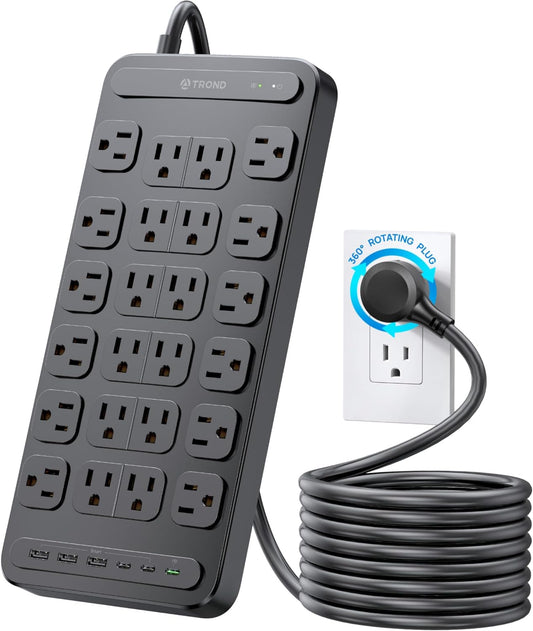 TROND Surge Protector Power Strip, 360° Rotating Flat Plug, 24 AC Outlets, 6 USB Ports Total 37W, 4000 Joules, ETL Listed, 6ft Heavy Duty Extension Cord 1875W for Gaming Dorm Room Essentials Black