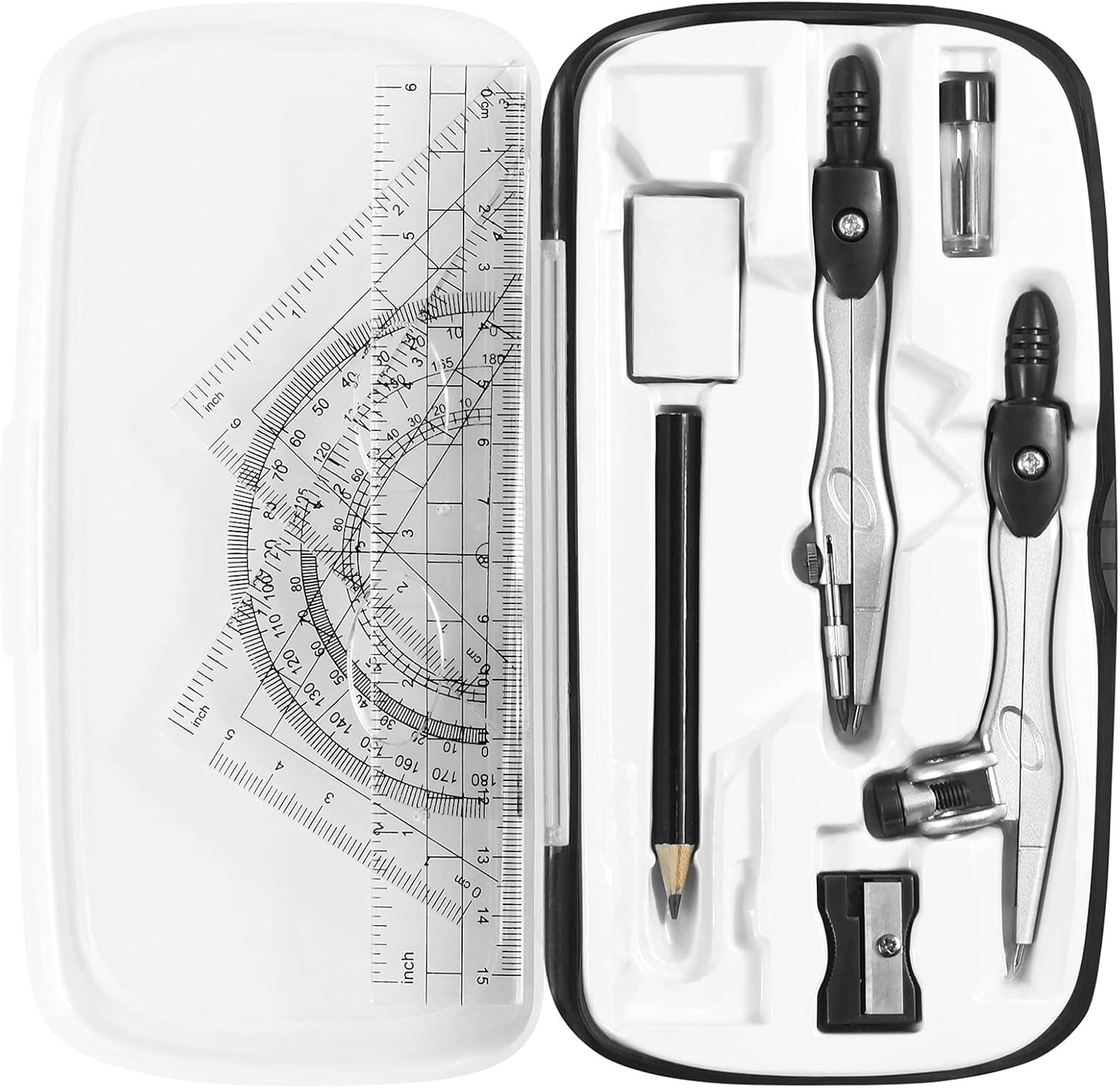 Math Geometry Kit Sets 10 Piece Student Supplies with Shatterproof Storage Box,Includes Rulers,Protractor,Compass,Eraser,Pencil Sharpener,Lead Refills,Pencil,for Drafting（Black）