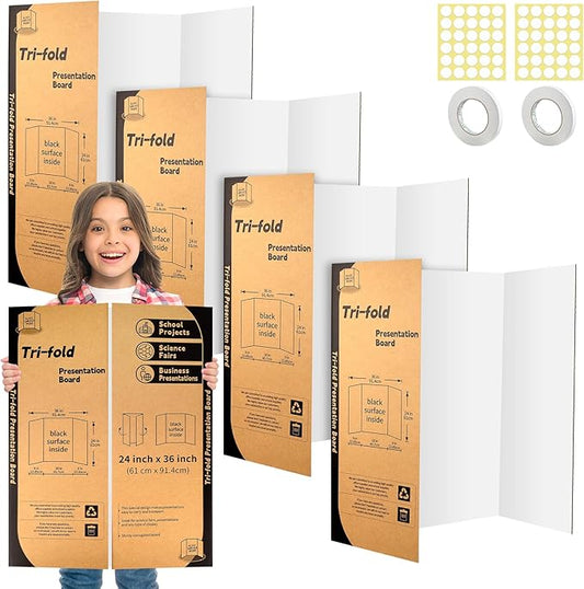 4 Pack Trifold Poster Board 24" X 36", IKAYAS Single sided White Tri-fold Poster Boards, Science Fair Display Boards Posterboard Foamboard for Mounting, Art, Display, Projects Classroom Supplies