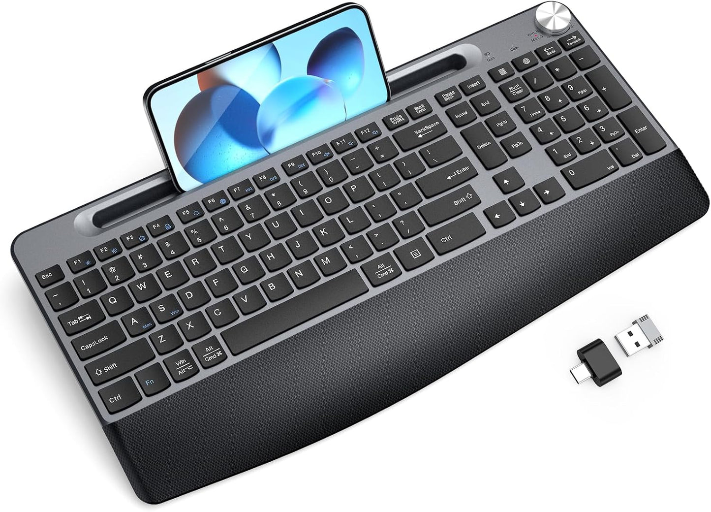 Ergonomic Wireless Keyboard with Wrist Rest-Low-Profile,Phone/Tablet Holder,Quiet Design，Windows & Mac OS，Full Size Cordless USB Computer Keyboard for Desktop,Laptop, PC, Mac, Windows-Black