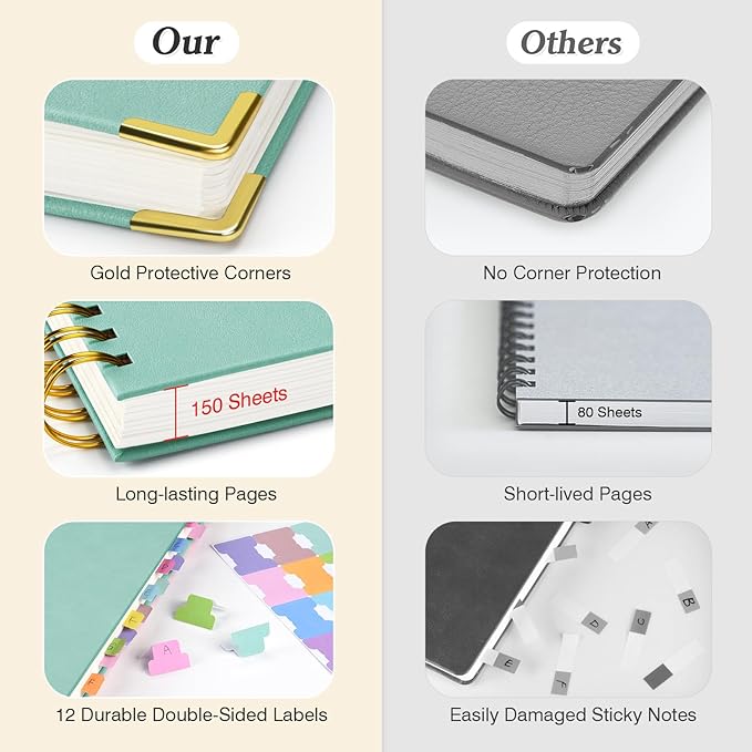 Spiral Notebook 8.5" x 11", 300 Numbered Pages Notebooks College Ruled with Tabs, Hardcover Leather Lined Journal for Women Men, 100GSM Thick Journals for Writing, Large A4 Notebooks for Work School