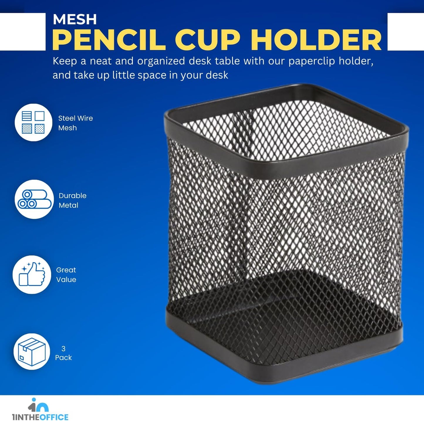 1InTheOffice Pen Holder Cup for Desk, Wire Mesh Cup, Pencil Holder Metal, Pencil Organizer Matte Black 3/Pack…