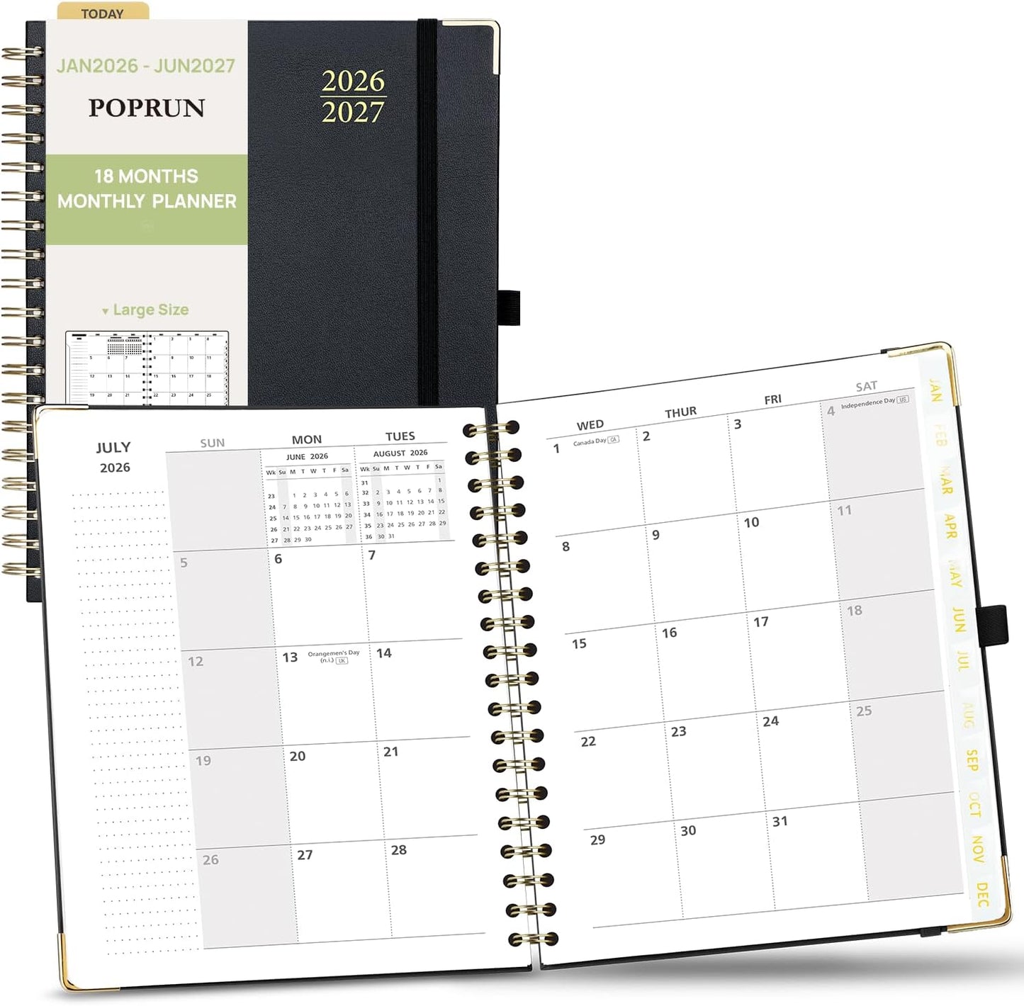 POPRUN Monthly Planner 2026-2027 Spiral Hardcover (8'' x 10''), 18 Months Calendar (Jan.2026-Jun.2027) - 2 Pages per Month with Dotted Note Pages, Sunday Start, Laminated Tab - Black