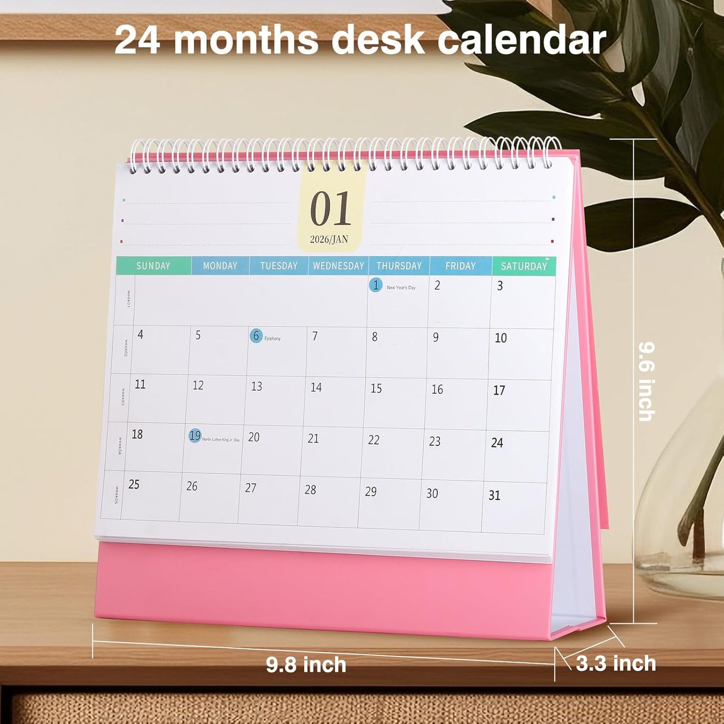 Desk Calendar 2026-2027, 2 Years Calendar Runs from Jan. 2026 until Dec 2027, Table Monthly Planner with Stickers for Home,Office,School Organization(L-Pink,9.8" x 9.6")