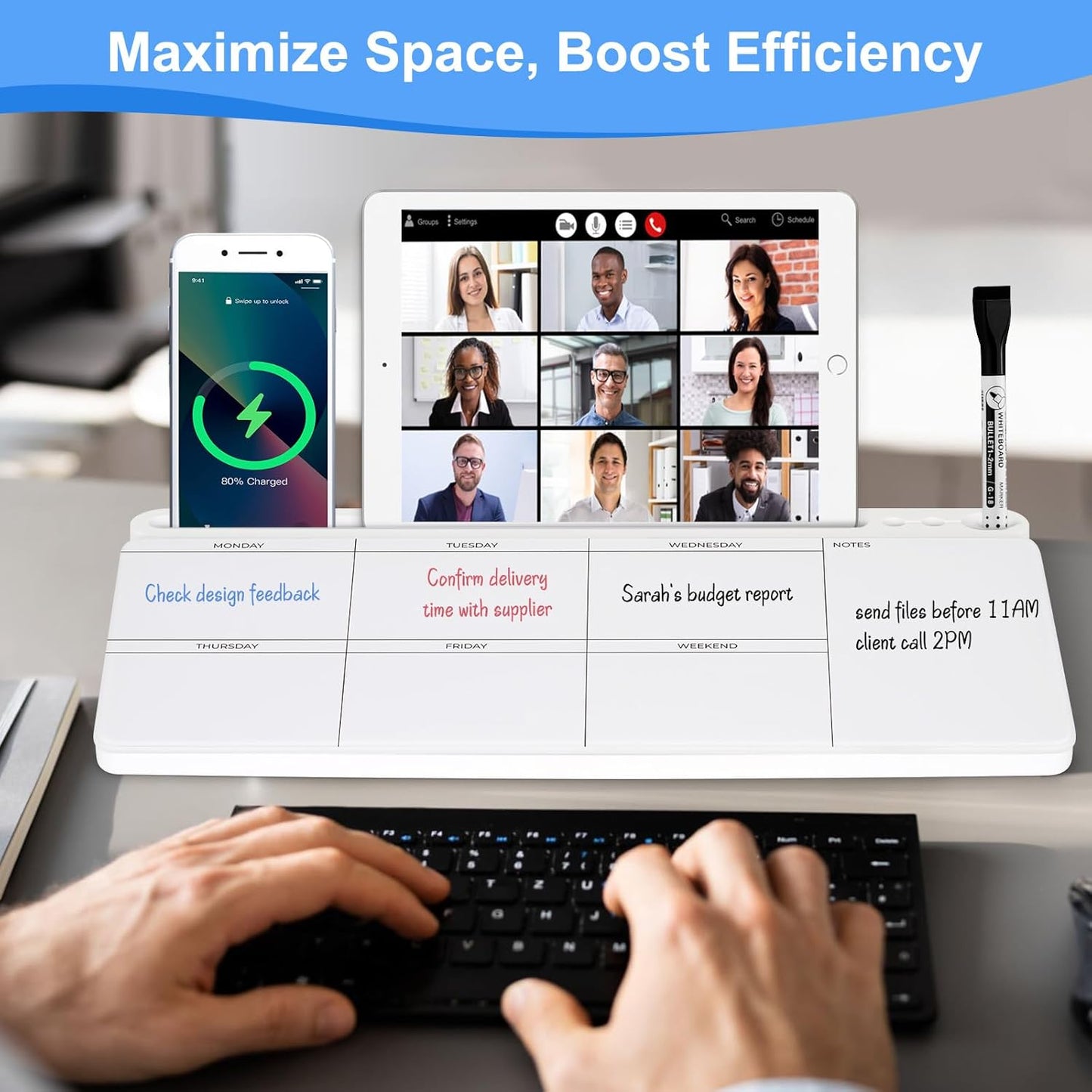 Desktop Glass Whiteboard with Storage, Weekly Calendar Desk Dry Erase White Board, Desk Organizers and Accessories, Weekly Planner Board for Planning, Memo, Note, Office, Home, College, School - White