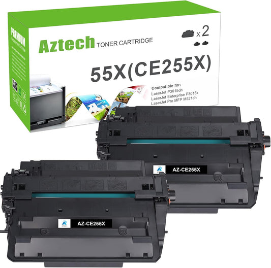 Aztech Compatible Toner Cartridge Replacement for HP CE255X 55X CE255A 55A LaserJet Enterprise P3015dn P3015x LaserJet Pro 500 MFP M521dn M521dw (Black, 2-Packs)