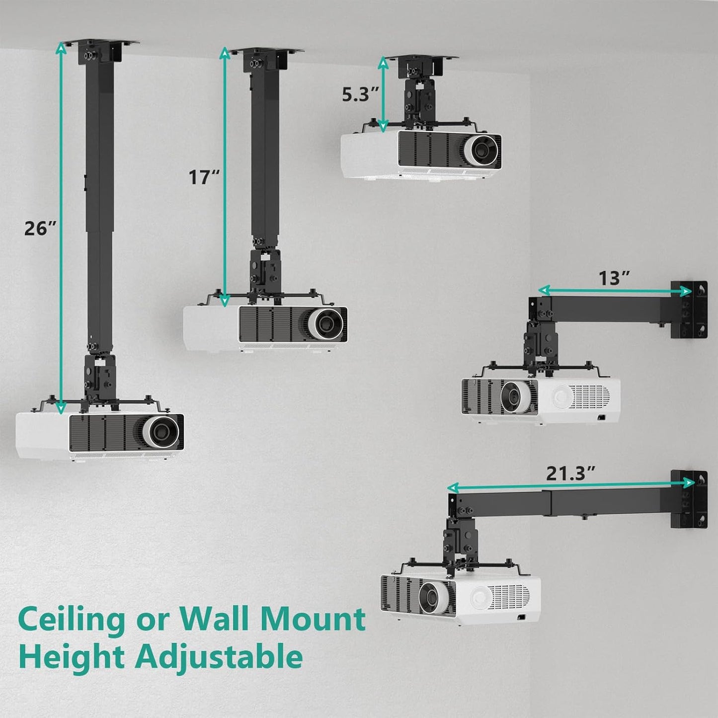 WALI Projector Ceiling or Wall Mount, Universal Height Adjustable Mount Holder with Extension Pole for LCD/DLP Projectors, Hold up to 44lbs (PM-003-B), Black