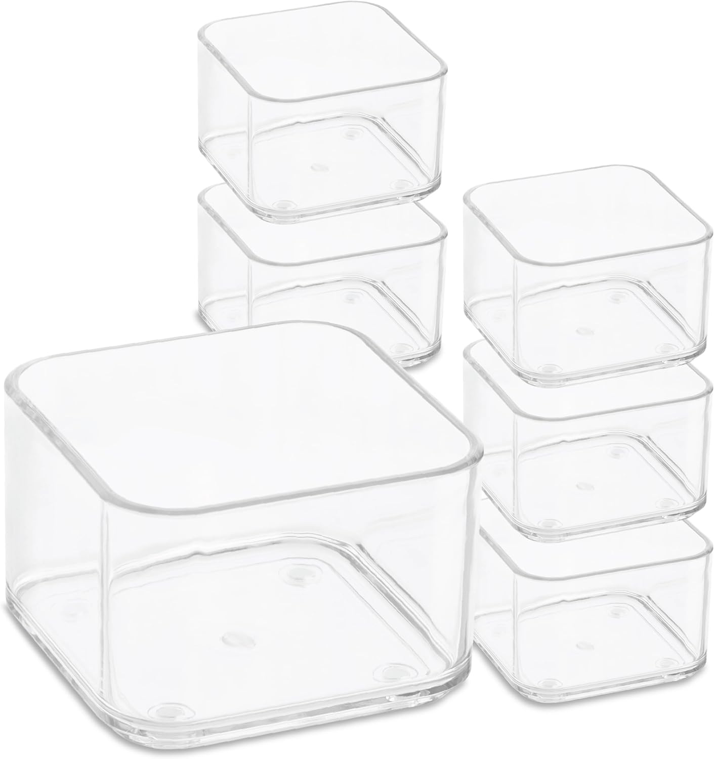 Plastic Clear Acrylic Drawer Organizers. Bathroom, Kitchen, Bedroom, Utensils, Office Organizer Bins, Storage Trays. Heavy Duty, Stackable. 3" x 3" x 2" Set of 6