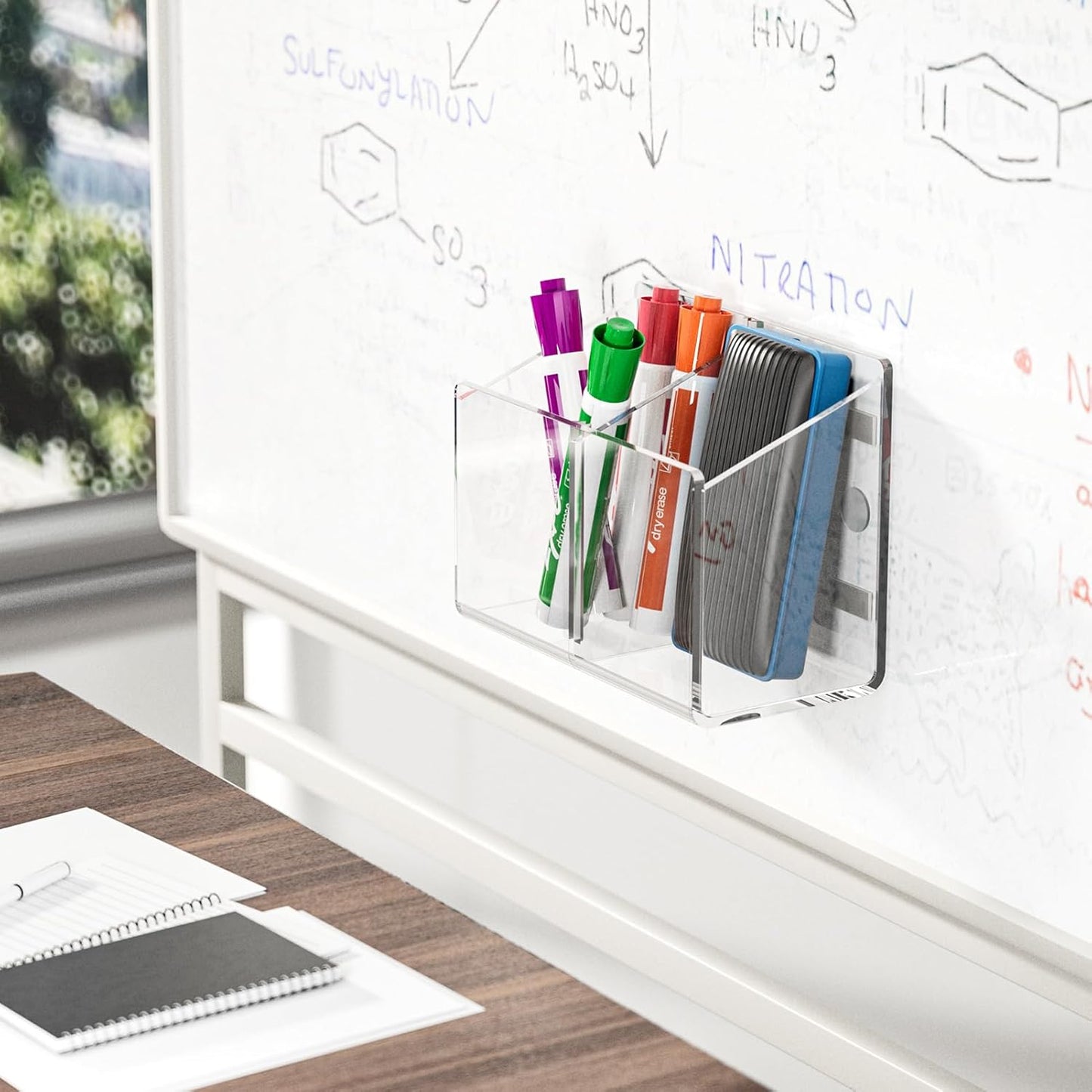 MaxGear Magnetic Dry Erase Marker Holder, Clear Acrylic Pen & Marker Organizer with 2 Compartments for Fridge, Whiteboard, Wall & Locker