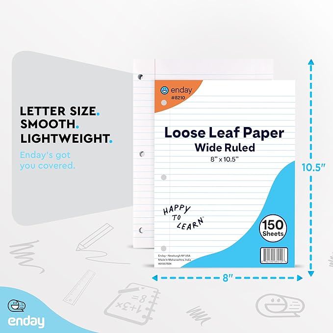 Loose Leaf Paper Bulk, 3600 Sheets, Wide Ruled (24 Pack) 150 Sheets Per Pack, 8" x 10.5" White Filler Paper, 3 Hole Punched Binder Paper for 3 Ring Binders, Notebook Paper - By Enday