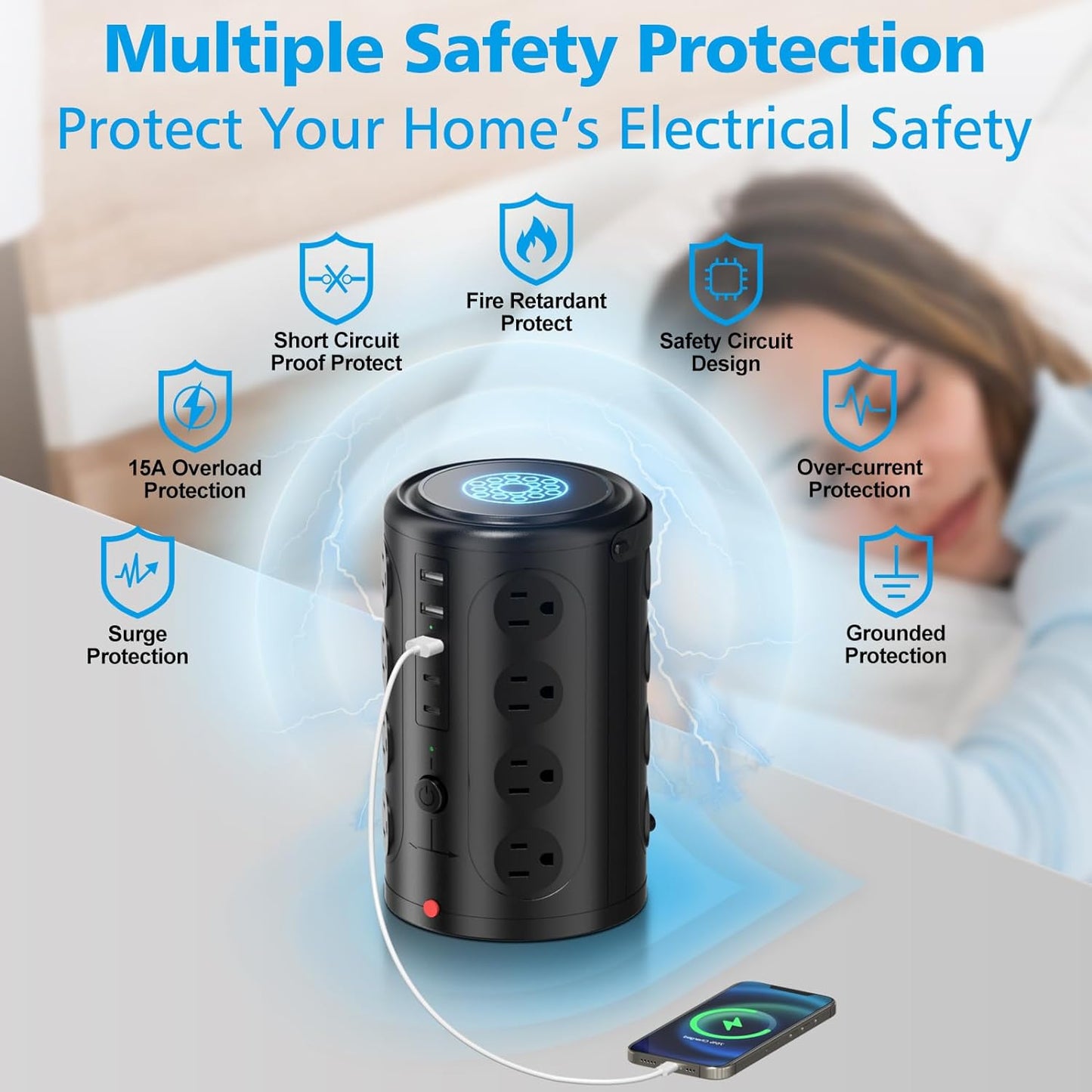 Surge Protector Power Strip - Desk Charging Station with 15W Wireless Charger, Multiple Outlets Charging Station with 16 2300J AC Outlets & 5 USB (2 USB C) Port, for Home, Office, Dorm Room