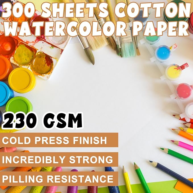 TaoBary 300 Pcs Watercolor Paper Sheet Bulk White Cold Press Paper Pack 110 lb 230 GSM Sketch Painting Watercolor Pad for Watercolorist Beginning Artists Adults Drawing Craft(8 x 12 Inch,230 GSM)