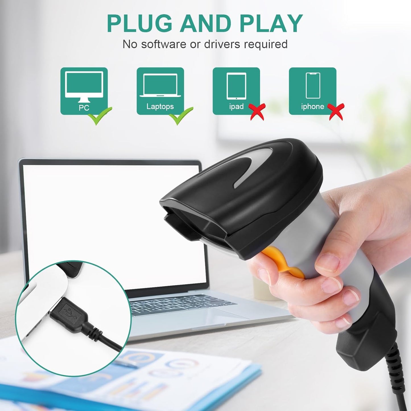 Barcode Scanner, Handheld QR Code Scanner USB Wired Connection 1D 2D&PDF417 Data Matrix Automatic Barcode Reader Plug and Play Bar Code Scanners for Store Supermarket Warehouse Library