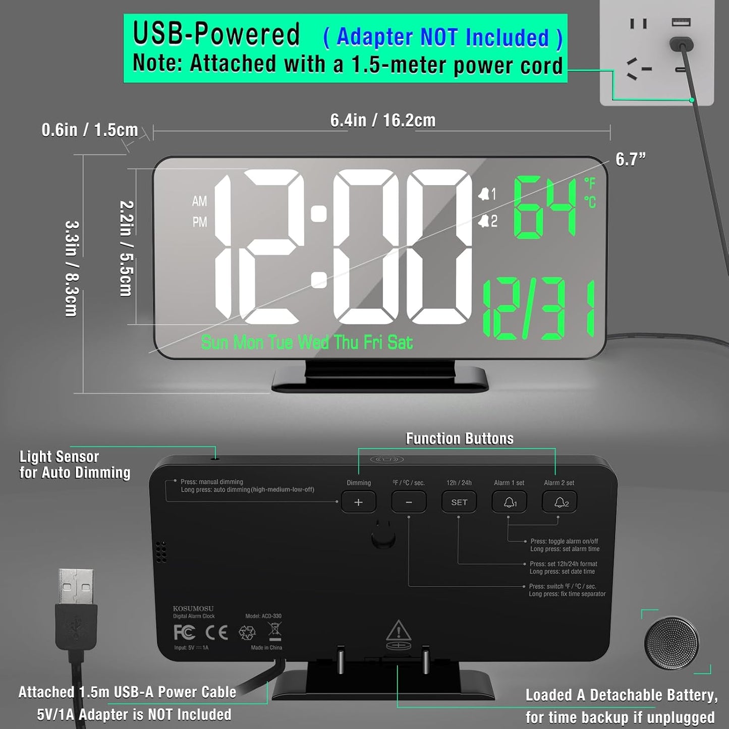 KOSUMOSU Desk Clock 6.7in Black Digital Alarm Clock with Dual Alarm, Dimming, Date, Day of Week, Temp, 12h 24h, Digital LED Clock for Table Decor, Digital Calendar Mirror Clocks Essentials