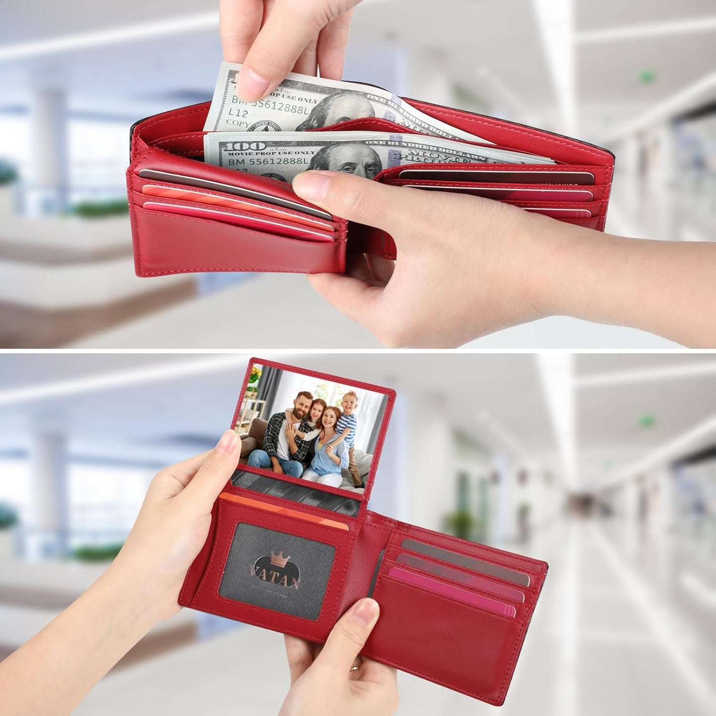 VATAN Wallet for Men, Mens Minimalist Wallet Credit Card Holder, Slim Leather Rfid 2 ID Window Large Capacity With Gift Box (Carbon black and Red)