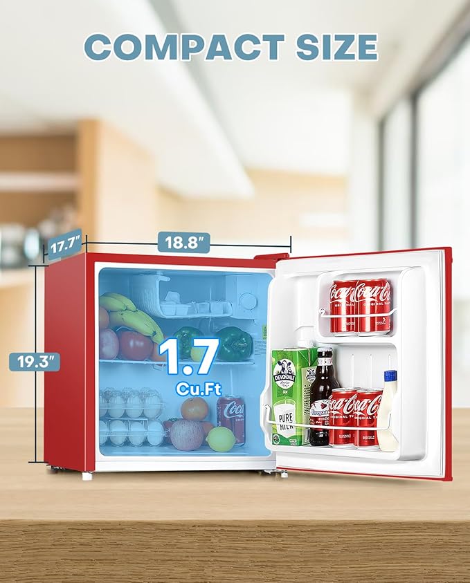 Upstreman 1.7 Cu.ft Mini Fridge with Freezer, Dorm Essentials, Adjustable Thermostat, Energy Saving, Low Noise, Single Door Compact Refrigerator for Dorm, Office, Bedroom, Red-FR17
