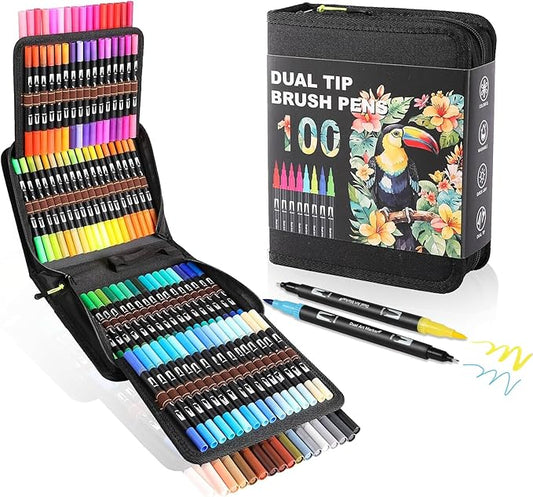 Double Brush Marker Pens, 100 Colors Art Markers Set with Fine Tip and Brush Tip for Kids Adult Coloring Book Hand Lettering Calligraphy Drawing Art Supplies Kit