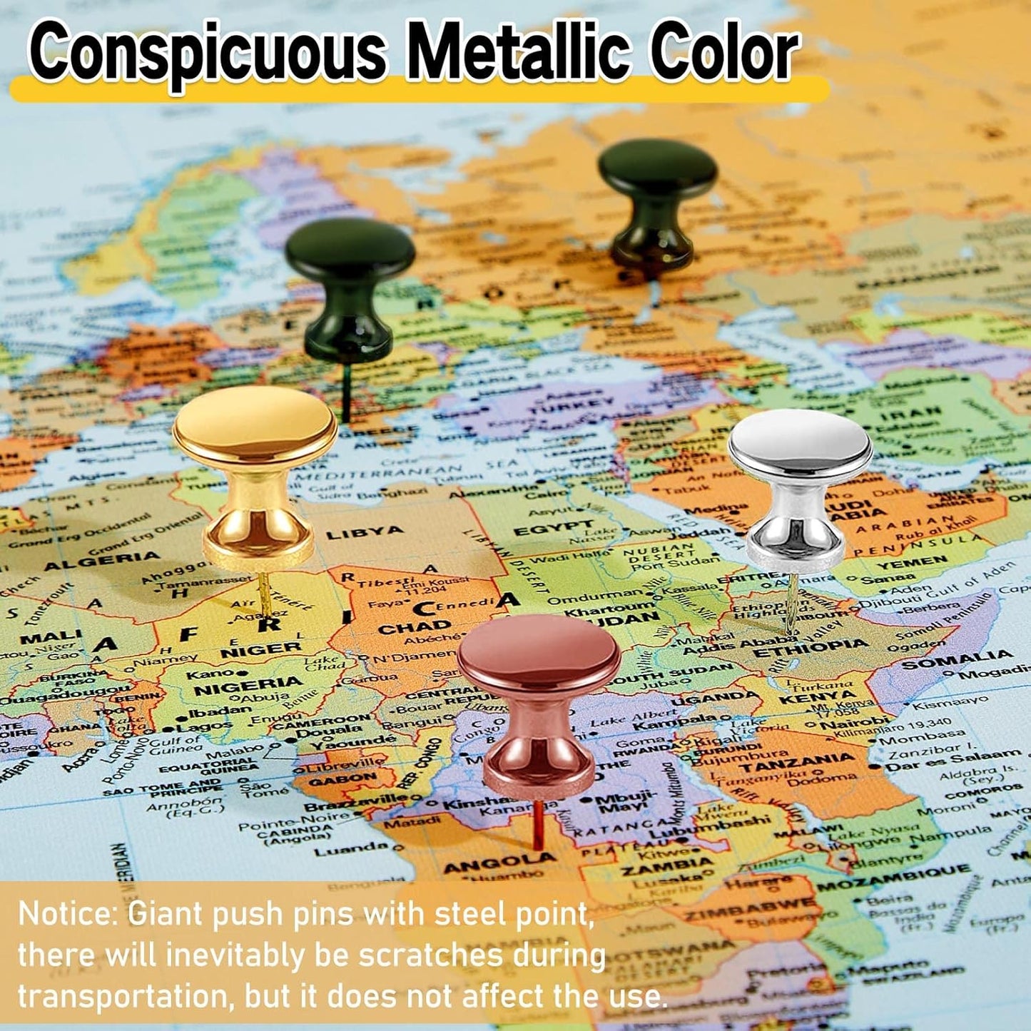 Outus 100 Pcs Giant Push Pins Large Thumb Tacks Plastic Heads 1 Inch Jumbo Push Pins for Cork Board Map Posters Office School(Gold, Silver, Bronze, Rose Gold, Gray)