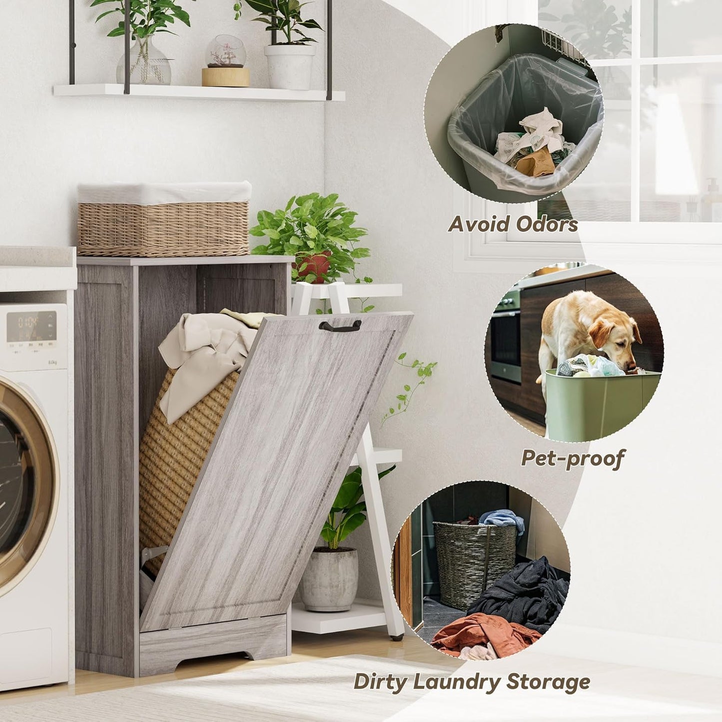 Tilt Out Trash Can Cabinet, Wooden Dog Proof Trash Can Cabinet Laundry Hamper, Hidden Large Recycling Bins for Kitchen, Living Room, Bathroom, Wash Grey