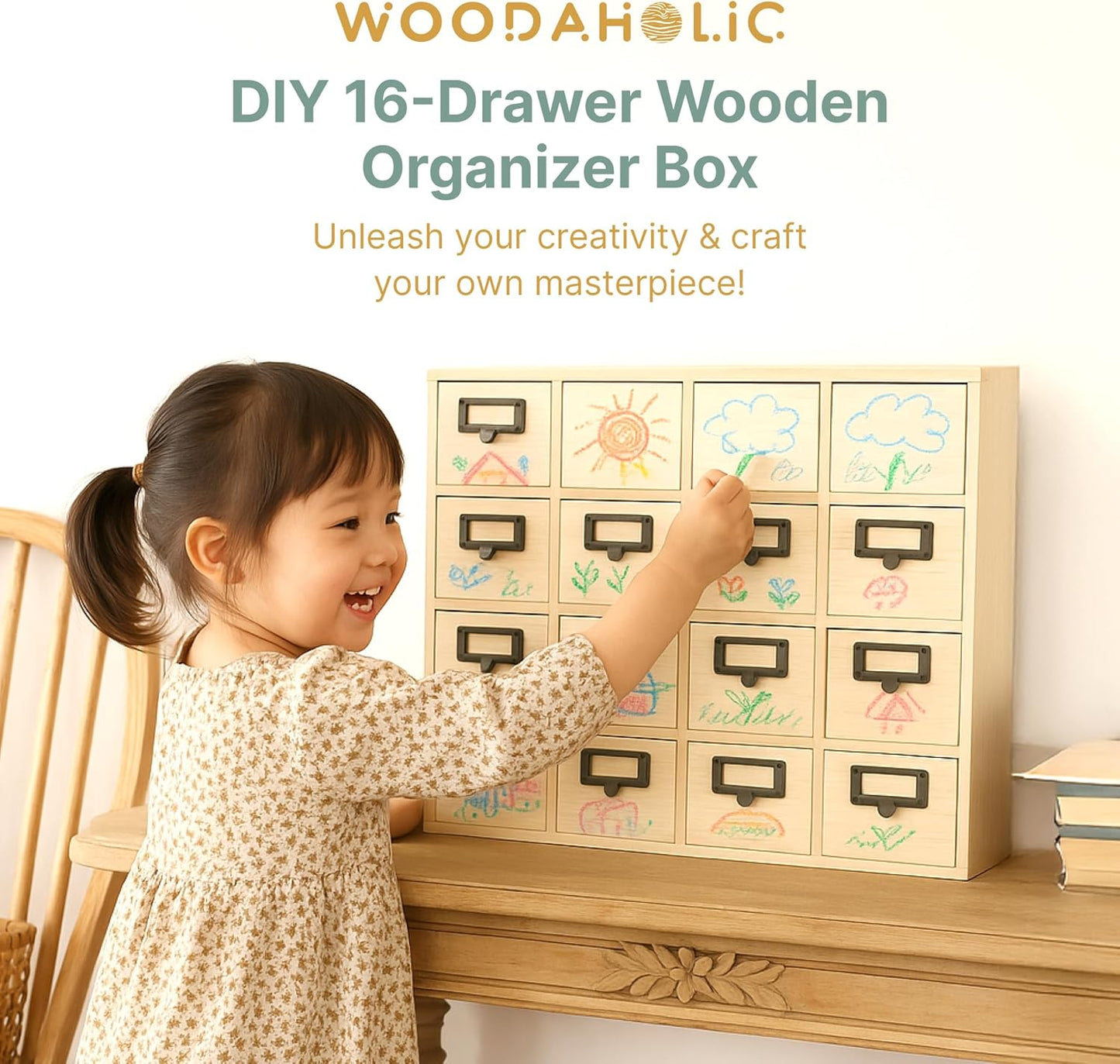 DIY Wooden Desk Organizer with Drawers – Unfinished 16-Drawer Wood Desk Organizer for Crafts, School, or Office – Customizable Wooden Apothecary Cabinet for Creative Storage – Natural Wood Finish
