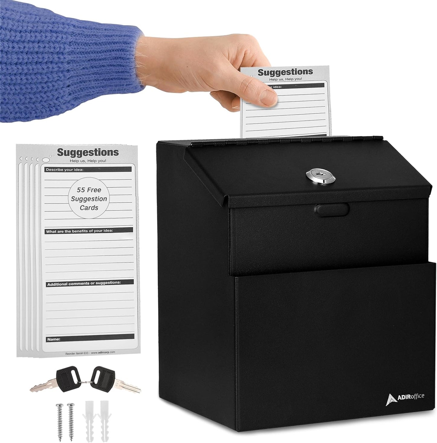 Adir Suggestion Box with Lock - Metal Donation Fundraising Ballot Prayer Box with 55 Free Suggestion Forms Cards & 2 Keys (Wall Mounted - Black)