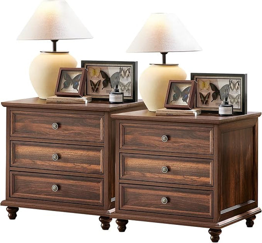 24" Wide Farmhouse Night Stand Set of 2,Large End Table with 3 Drawers & Metal Handle,Brown Wood Dresser for Bedroom Cabinet, Bed Side Table Chest of Drawers,Nightstand for Living Room,Closet