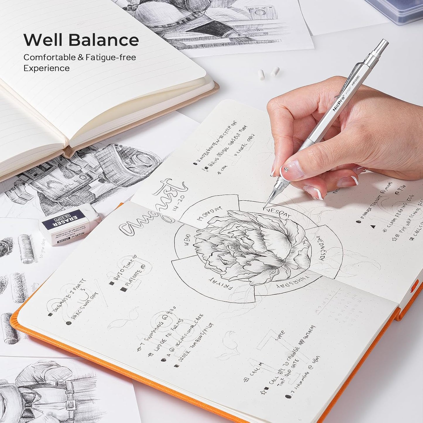 Nicpro 0.7 Metal Mechanical Pencil Set with Case, 3PCS MP1000 0.7mm Artist Lead Pencil With 8 Tube HB Refills, 3 Erasers, 9 Eraser Refill For Architect Art Drafting Drawing Engineering, Sketching