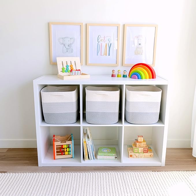 NaturalCozy Storage Cubes 11 Inch Cotton Rope Woven Baskets for Organizing, 3-Pack | Cube Storage Bin | Square Storage Baskets for Shelves Organizer, Classroom, Kids Toy Bins, Closet, Baby Nursery