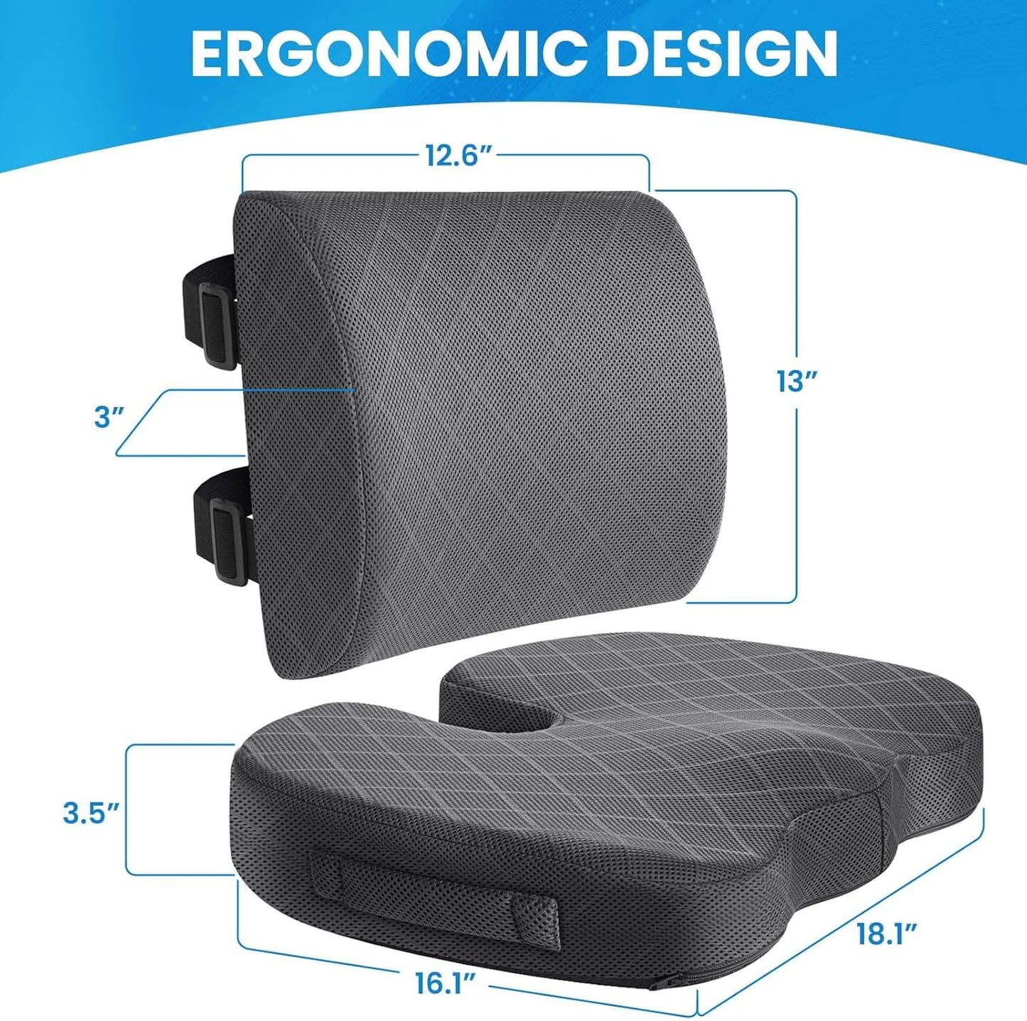 TushGuard Office Chair Cushions with Handles, Back&Seat Cushion, Sciatica & Back Coccyx Tailbone Discomfort Easing Chair Pad, Memory Foam Lumbar Support Pillow for Gaming, Desk, Car (Grey, X-Large)