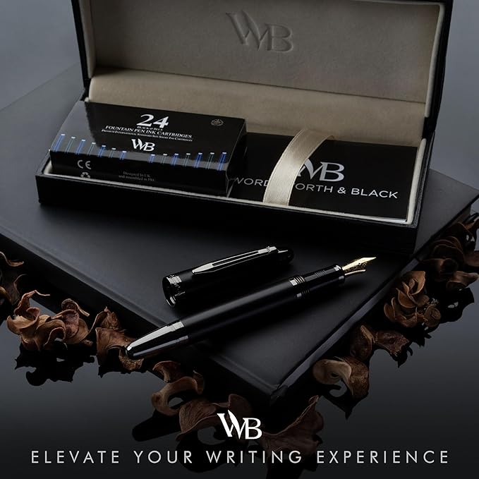 Wordsworth & Black Majesti Fountain Pen-(Black), Luxury Case, 24K Gold Finish; 18K Gilded Medium Nib- Ink Cartridges, Refillable Ink Converter-Calligraphy Pen-Best Business Gift Set for Men & Women