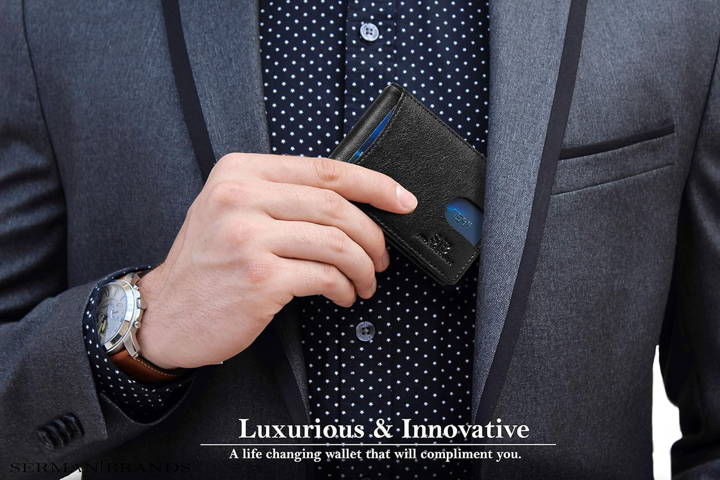 SERMAN BRANDS RFID Blocking Slim Bifold Genuine Leather Minimalist Front Pocket Wallets for Men with Money Clip Thin Mens