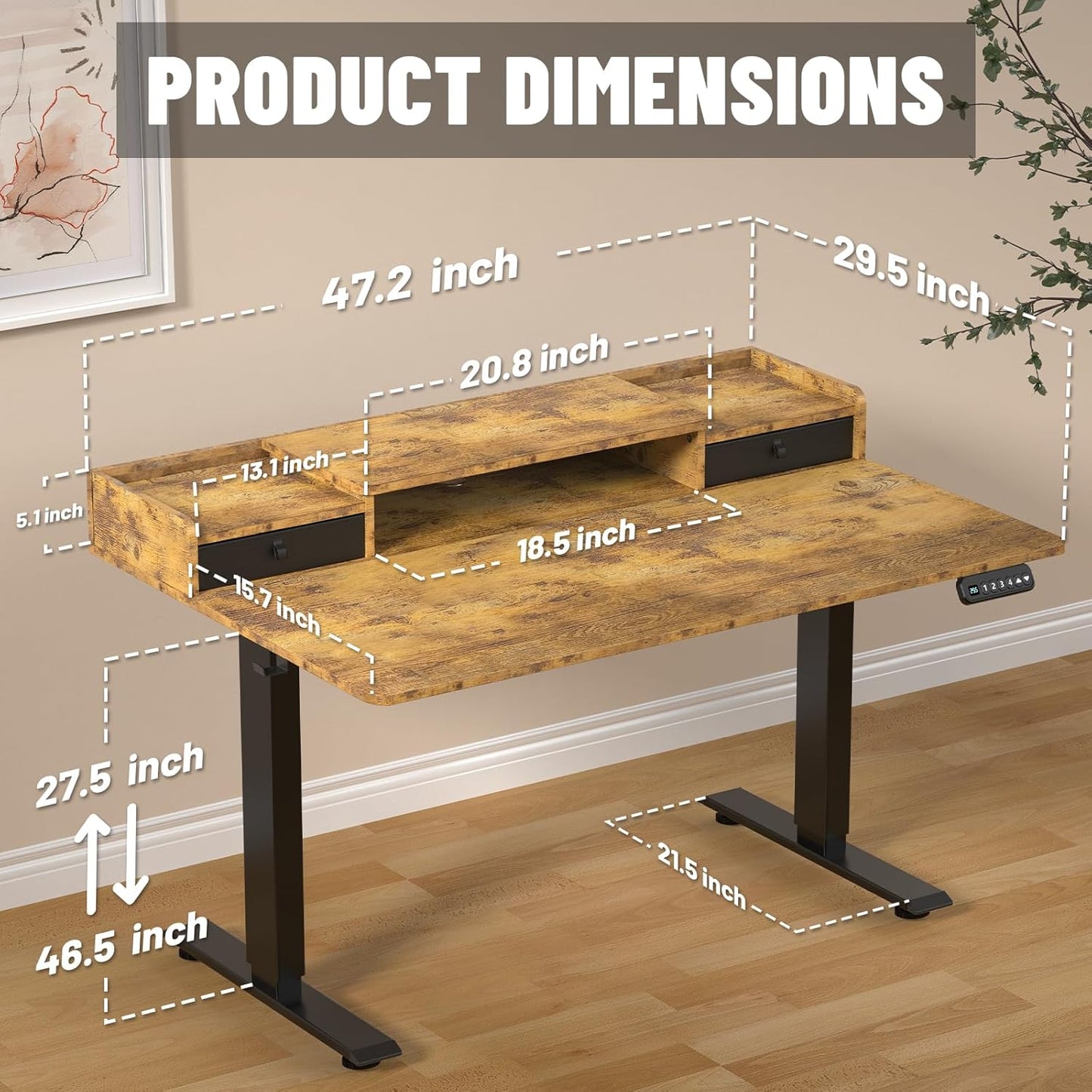 48 x 30 Inch Electric Standing Desk with 2 Drawers, Adjustable Height Widened Stand Up Desk with Storage, Sit to Stand Ergonomic Workstation for Home Office, Rustic Brown