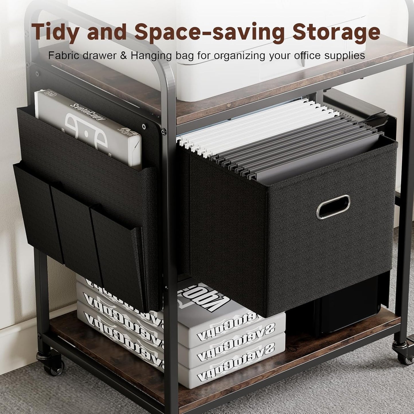 Large Printer Stand with Removable Storage Drawer, Mobile Printer Table with Charging Station for Home Office, Rolling Industrial Printer Cart with Wheels for Scanner Fax PC Tower (Brown)