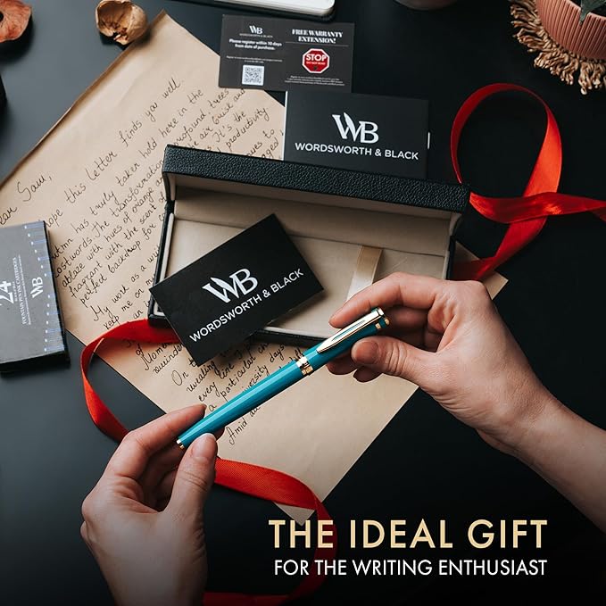 Wordsworth & Black Fountain Pen Set, 18K Gilded Medium Nib, Includes 24 Pack Ink Cartridges, Ink Refill Converter & Gift Box, Gold Finish, Calligraphy, [Turquoise Gold], Perfect for Men & Women