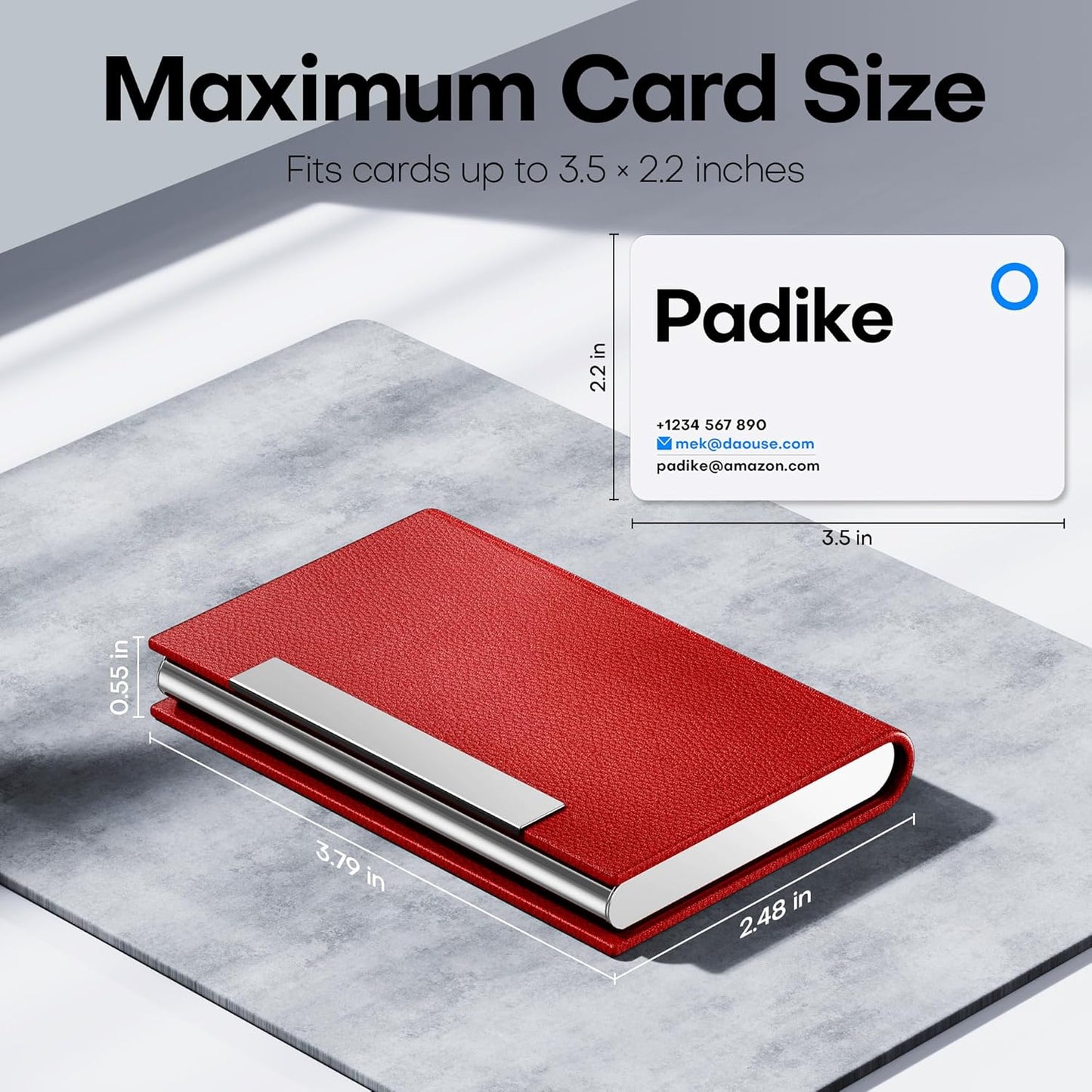 Padike Business Card Holder, Red Faux Leather Wallet with Stainless Steel, RFID Protected