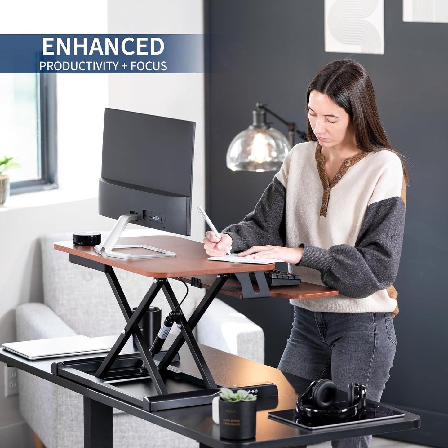 VIVO 26 inch Desk Converter, K Series, Height Adjustable Sit to Stand Riser, Dual Monitor and Laptop Workstation with Keyboard Tray, Dark Walnut Top, Black Frame, DESK-V026KA