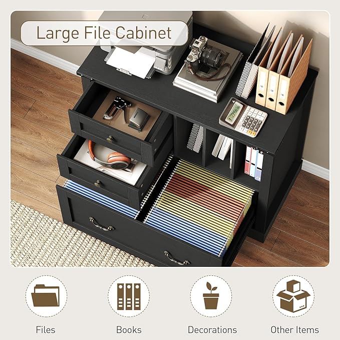 Farmhouse File Cabinet, Lateral Filing Cabinet with 3 Drawers and Folder Organizer, Office Storage Cabinet for A4 Letter Size Files, Printer Stand with Storage for Home Office, Black