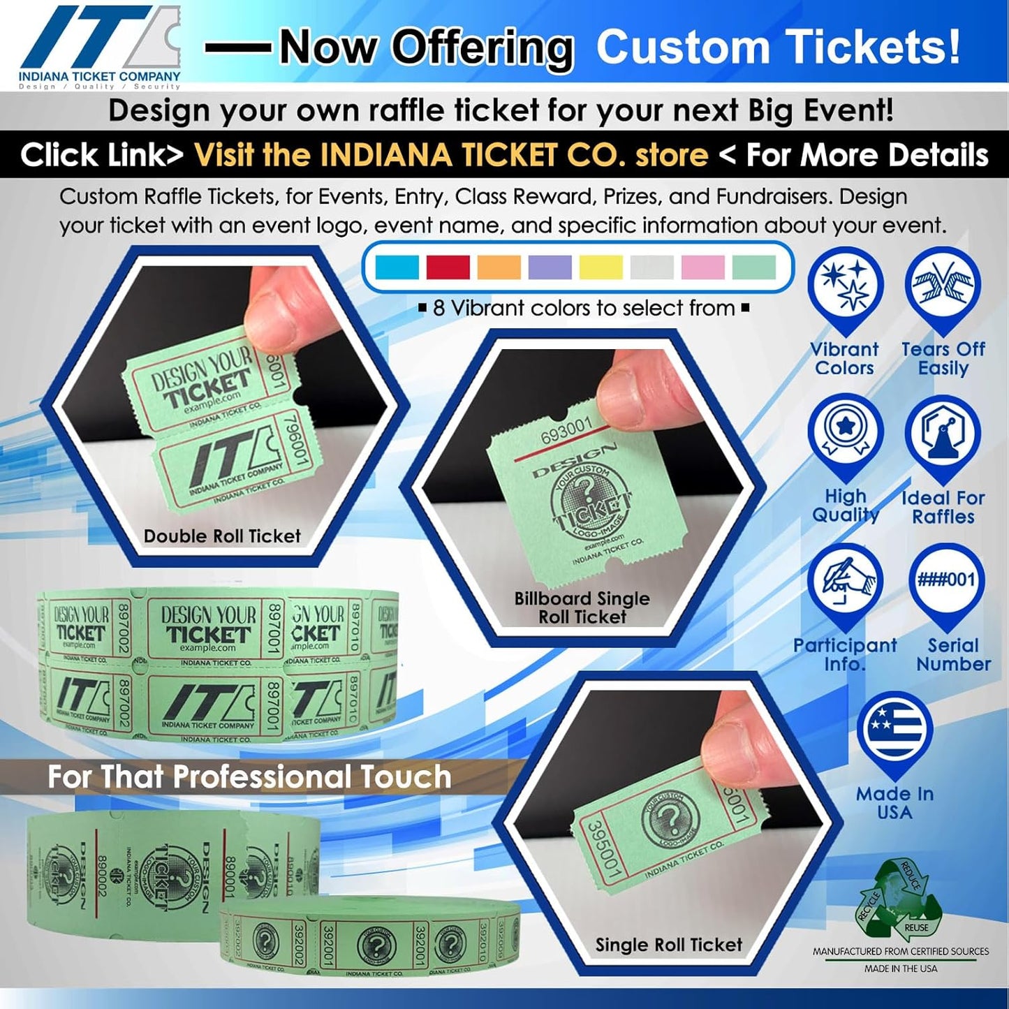 INDIANA TICKET CO. 2,000 Blue Raffle Tickets Double Roll, Premium Quality 50/50 Raffle Tickets, Tickets for Events, Carnivals, Door Prizes, Drinks and More