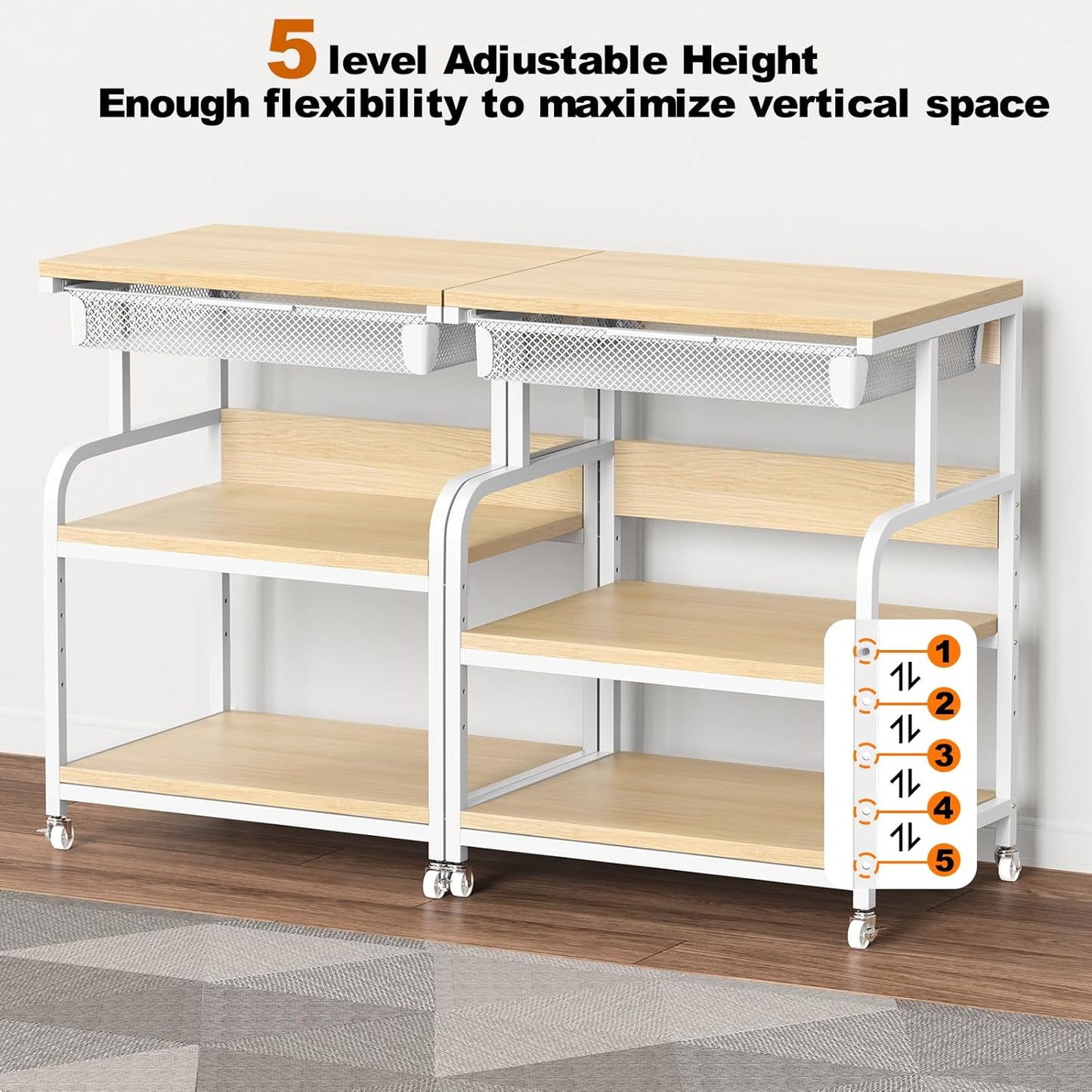 EasyCom Extra Large 3 Tier Printer Table with Wheels, 5-Adjustable Heights, Drawer & Storage for Printer Scanner Fax Home Office Use
