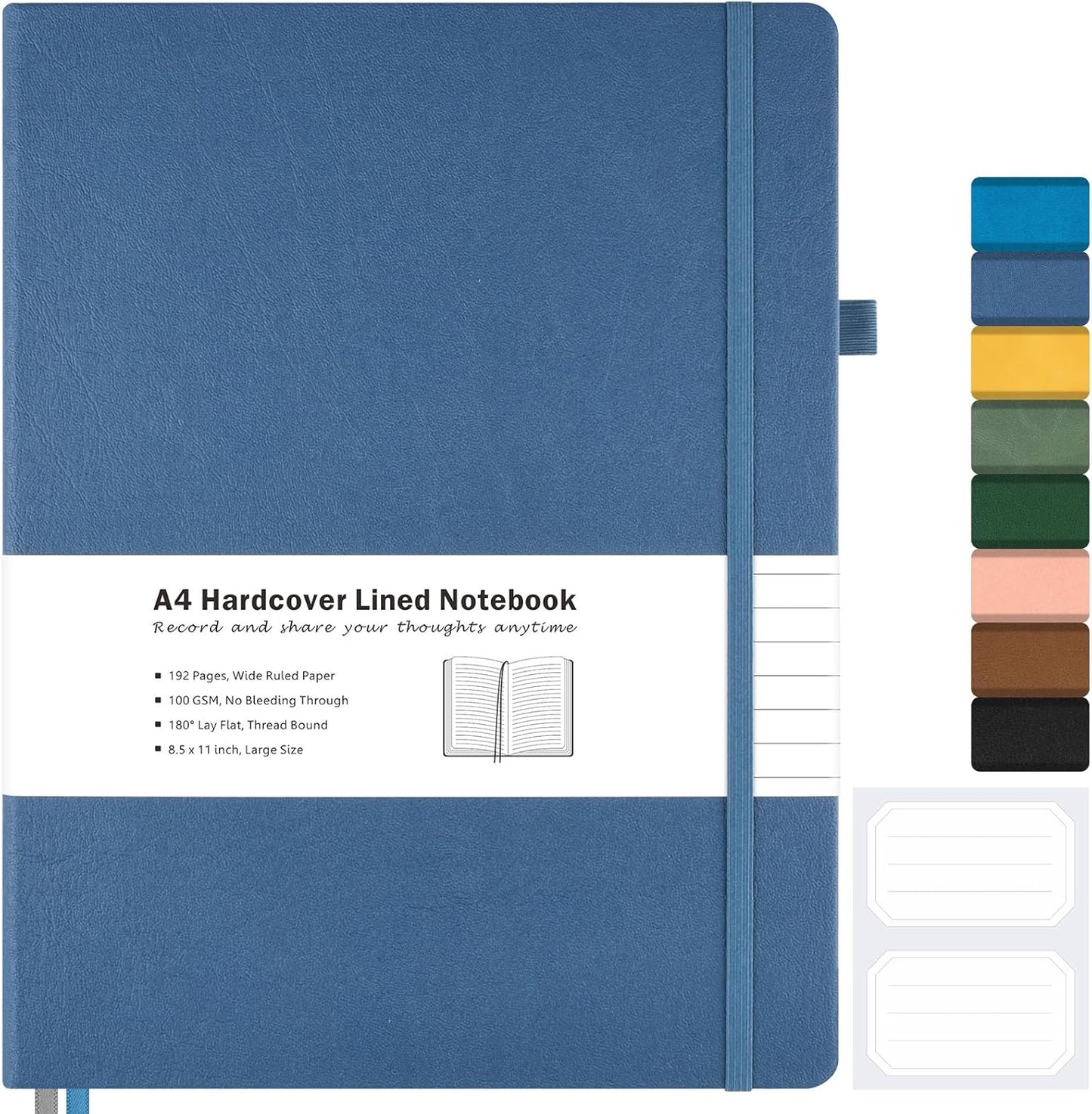 Lined Journal Notebook, 8.5" x 11" Hardcover Leather Notebook for Work, Wide Ruled Notebook Journal for Women Men, 192 Thick Paper, Lay Flat, 2 Pockets, A4 Large Journals for Writing, Blue Notebook
