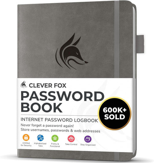 Clever Fox Password Book with alphabetical tabs. Internet Address Organizer Logbook. Small Pocket Password Keeper for Website Logins (Gray)