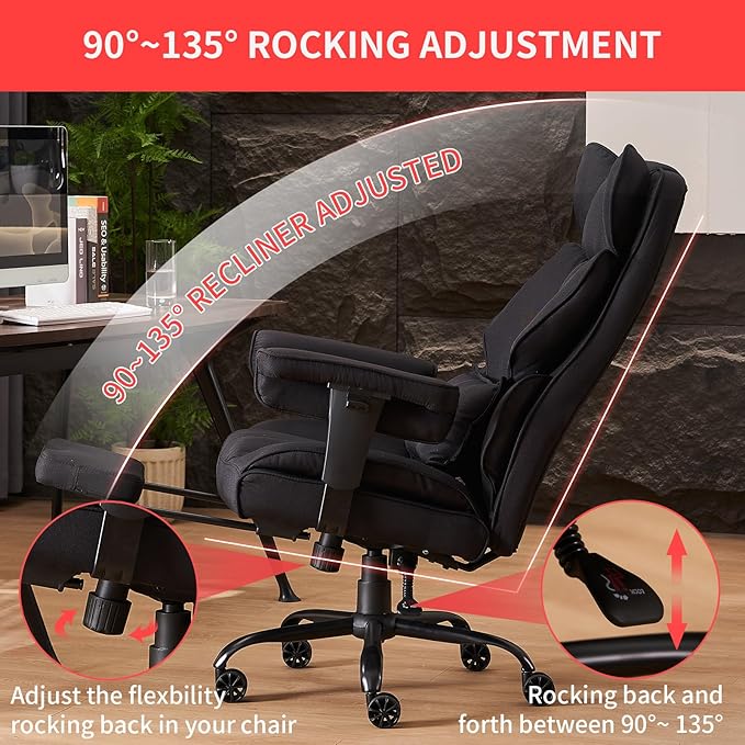 Efomao Big and Tall Office Chair 400 lb Weight Capacity, High Back Executive Office Chair with Foot Rest, Fabric Computer Chair for Back Pain Relief, Black