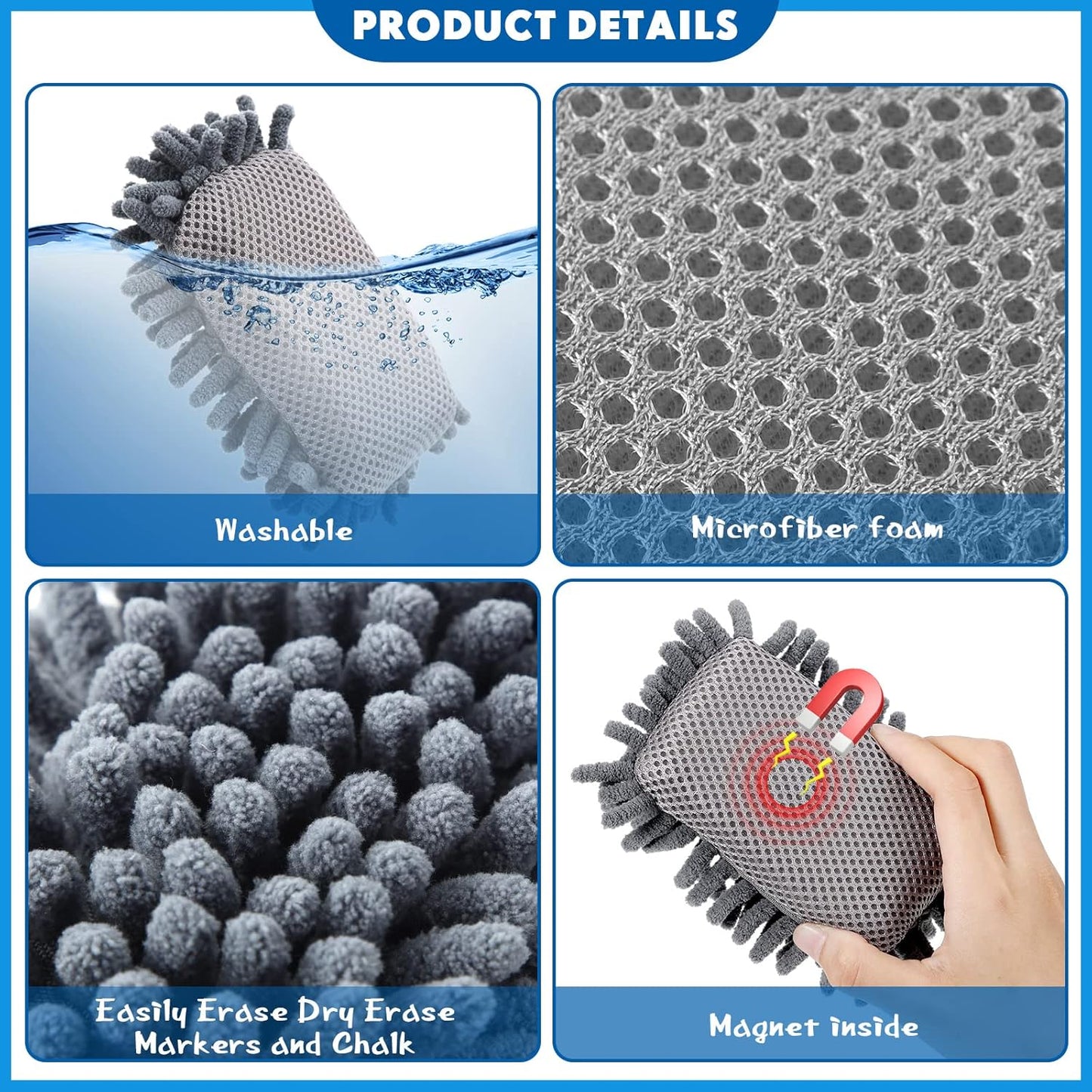 Sherr 18 Pcs Microfiber Shag Magnetic Dry Erase Erasers Washable School Whiteboard Eraser Bulk Colorful White Board Eraser for Chalk Markers Home Classroom Office (Gray)