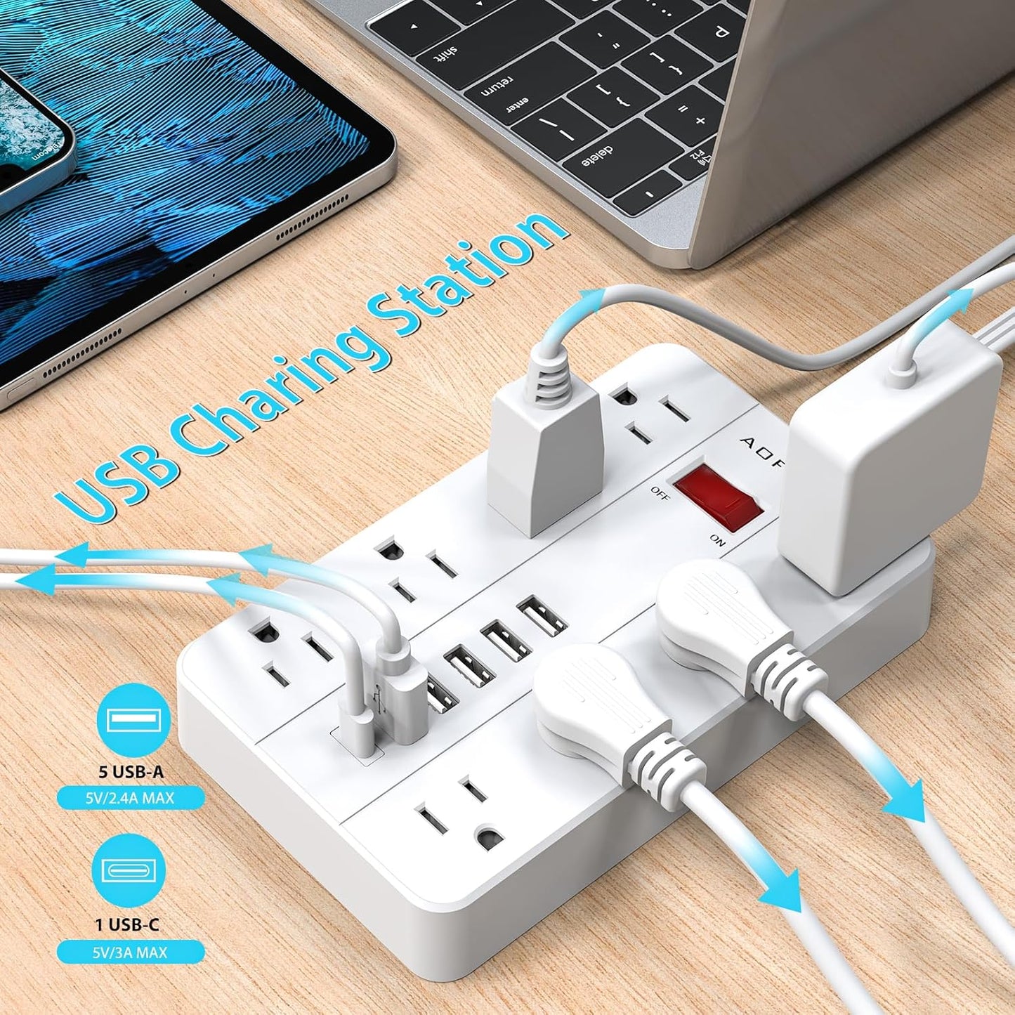 10ft Extension Cord Long Power Strip,AOFO 8 Widely-Spaced Outlets & 6 USB Ports Flat Plug Power Strip,Power Cord for Wall Mountable and Desktop White